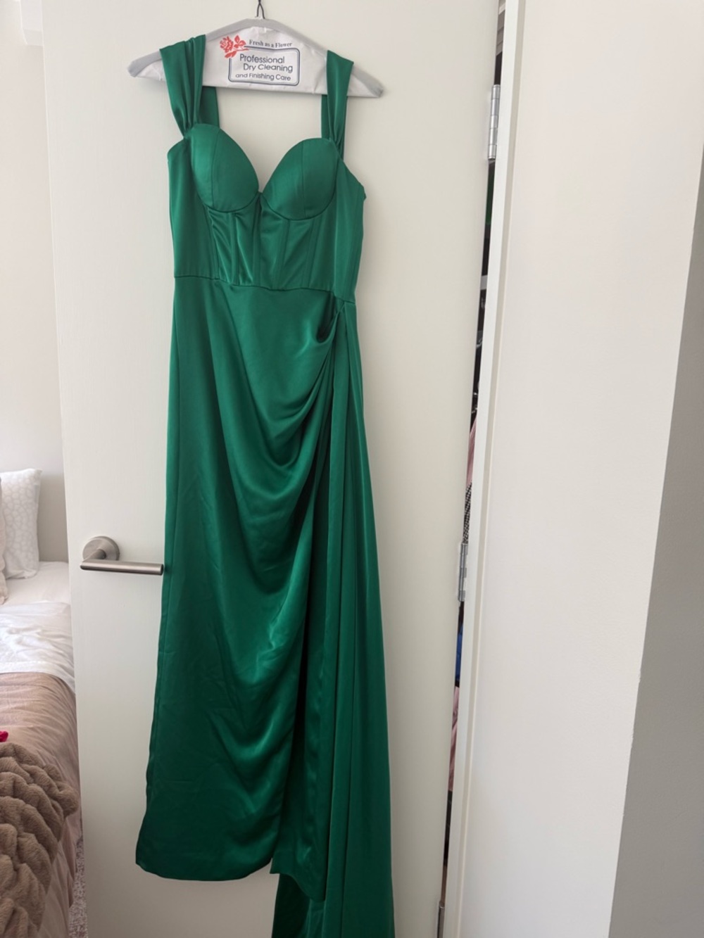 Green Satin Draped Maxi Dress with Sweetheart Bodice